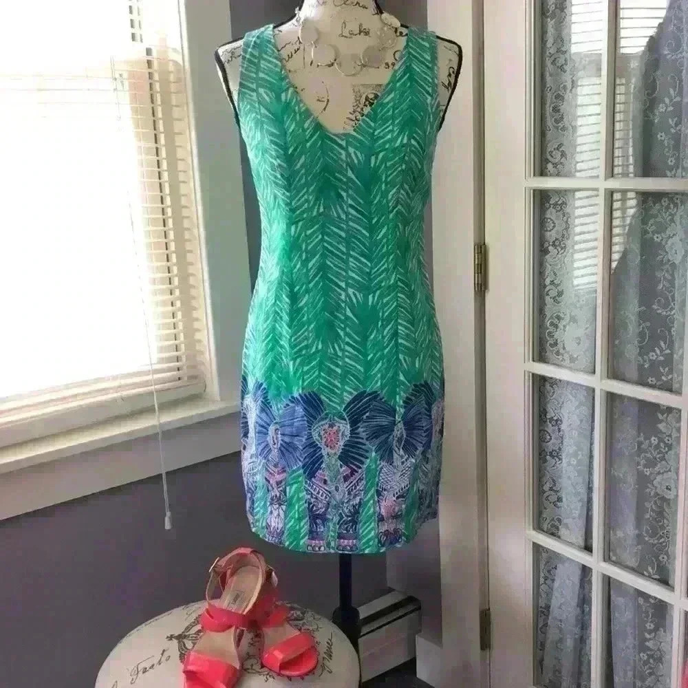 Lilly Pulitzer Blue Green and Hot Pink Sleeveless V-Neck dress w/ Elephants Sz 2